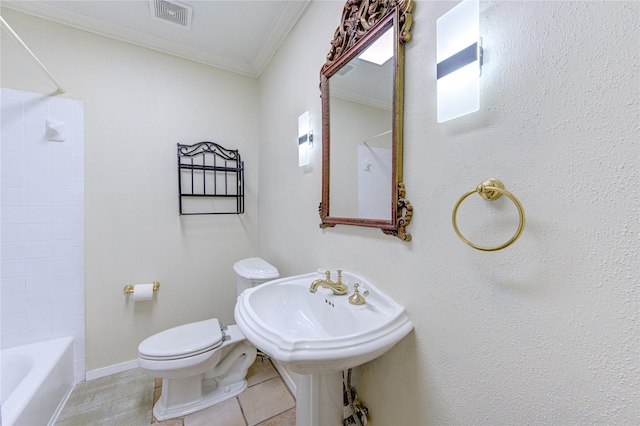 4040 San Felipe St Unit 203, Houston, TX 77027 - bathroom with ornamental molding, toilet, tile patterned flooring, tub / shower combination, and baseboards