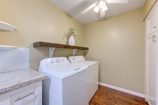 4040 San Felipe St Unit 203, Houston, TX 77027 - washroom with washing machine and clothes dryer, dark wood-style flooring, ceiling fan, baseboards, and cabinet space