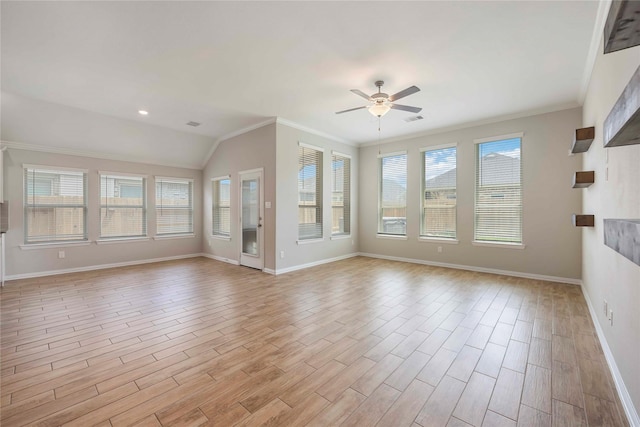 3677 Pinewood Bend Ln, Spring, TX 77386 - unfurnished living room with a ceiling fan, baseboards, light wood-style floors, crown molding, and vaulted ceiling