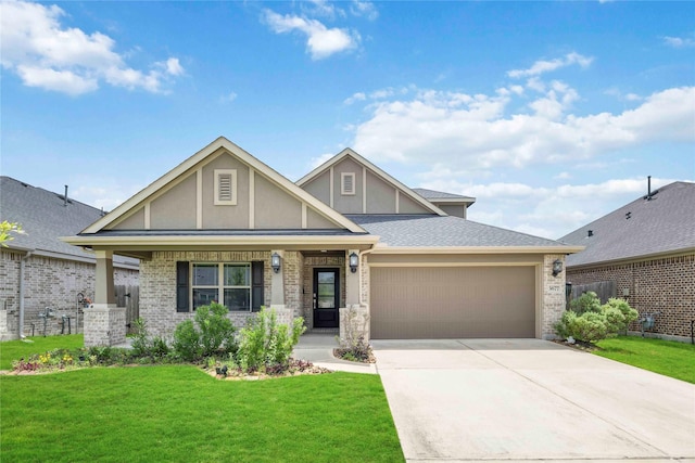 3677 Pinewood Bend Ln, Spring, TX 77386 - tudor-style house with a front yard, an attached garage, brick siding, stucco siding, and driveway