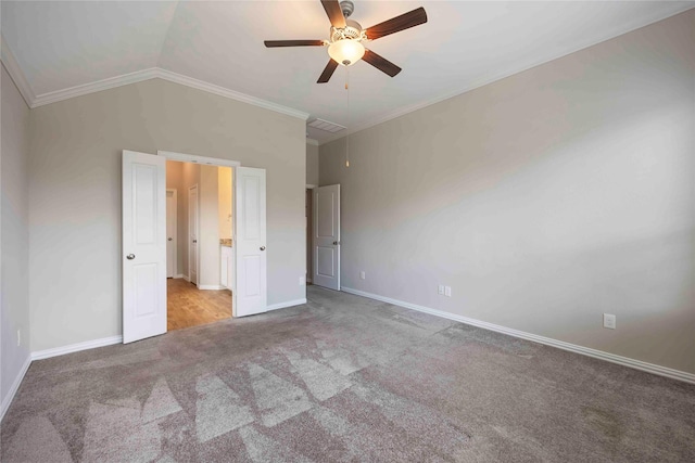 3677 Pinewood Bend Ln, Spring, TX 77386 - unfurnished bedroom featuring carpet, ornamental molding, baseboards, lofted ceiling, and ceiling fan