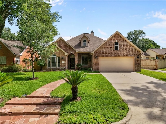 3707 Charleston St, Houston, TX 77021 - view of front of house featuring brick siding, driveway, a garage, and a chimney