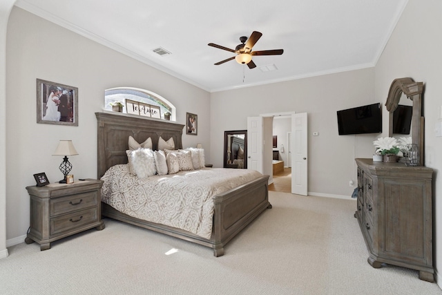 2153 Summit Mist Dr, Conroe, TX 77304 - bedroom featuring crown molding, baseboards, light colored carpet, and a ceiling fan