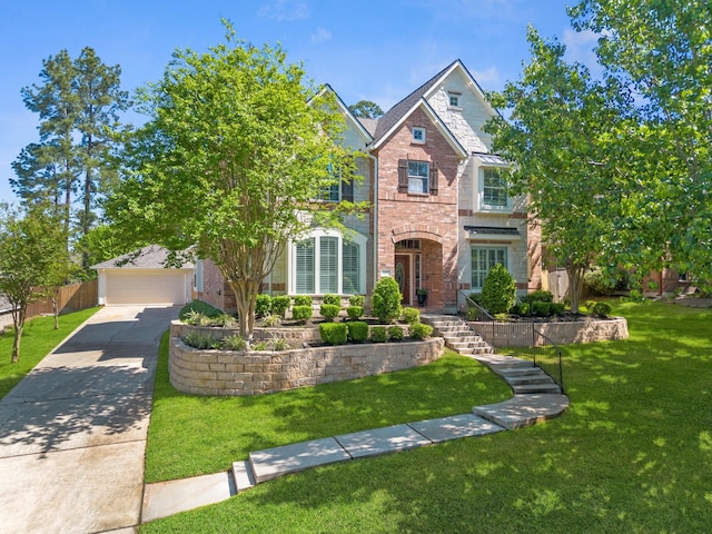 2153 Summit Mist Dr, Conroe, TX 77304 - traditional home featuring a front yard, brick siding, a garage, and stone siding