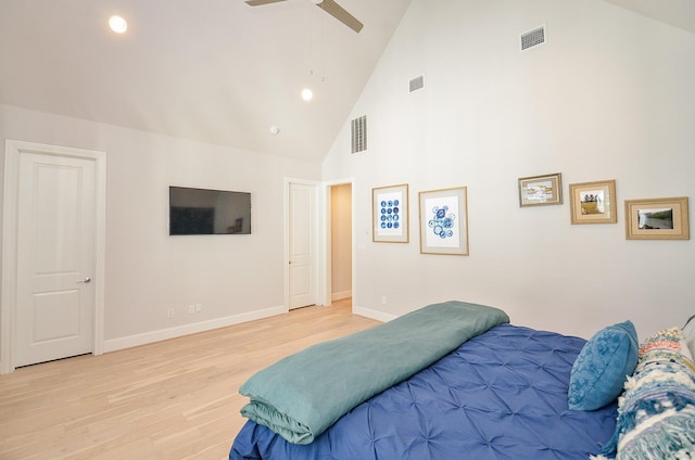 2419 W Kolbe Ln, Houston, TX 77080 - bedroom with light wood-type flooring, high vaulted ceiling, baseboards, recessed lighting, and a ceiling fan