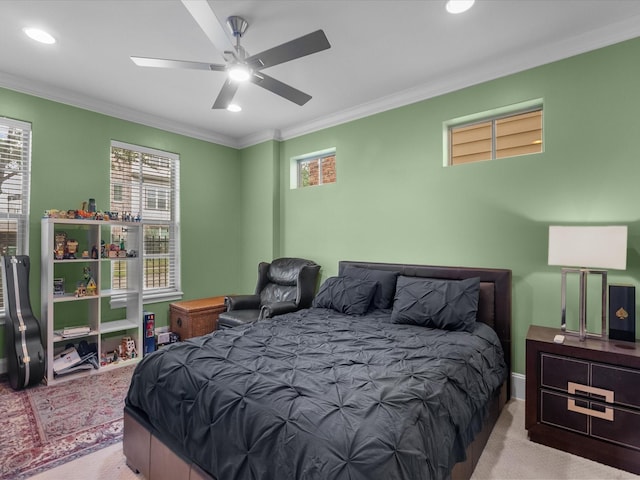 1616 Rosewood St, Houston, TX 77004 - bedroom featuring ornamental molding, recessed lighting, a ceiling fan, and carpet flooring