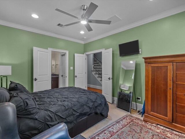 1616 Rosewood St, Houston, TX 77004 - bedroom with crown molding, recessed lighting, a ceiling fan, and light colored carpet