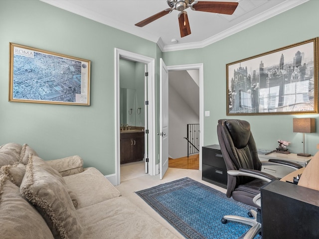 1616 Rosewood St, Houston, TX 77004 - office area featuring ceiling fan, ornamental molding, and light colored carpet