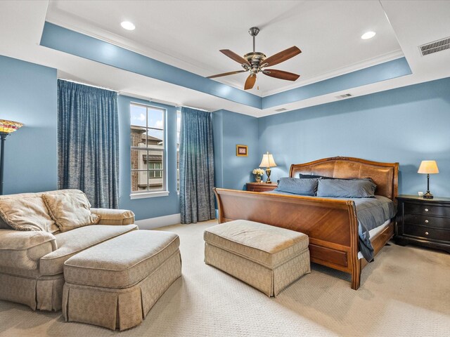 1616 Rosewood St, Houston, TX 77004 - carpeted bedroom with crown molding, a tray ceiling, recessed lighting, and a ceiling fan