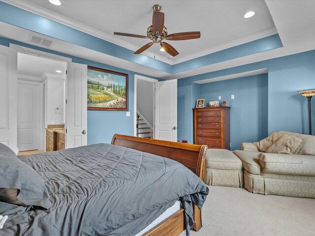 1616 Rosewood St, Houston, TX 77004 - bedroom featuring carpet, ornamental molding, recessed lighting, and ceiling fan