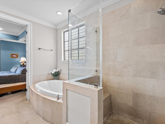 1616 Rosewood St, Houston, TX 77004 - bathroom featuring walk in shower, ensuite bathroom, a garden tub, ornamental molding, and recessed lighting