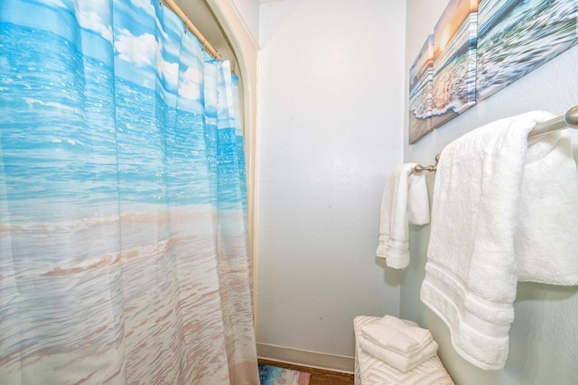 14434 E Cabana St Unit 319, Corpus Christi, TX 78418 - bathroom with baseboards, wood finished floors, and a shower with curtain