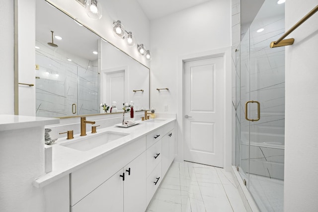 11120 Savannah Woods Ln, Houston, TX 77043 - full bath featuring marble look tile flooring, double vanity, a marble finish shower, and recessed lighting
