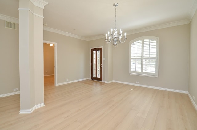 902 Aqua Vista Ln, Rosenberg, TX 77469 - unfurnished room with light wood-style floors, a chandelier, crown molding, and baseboards