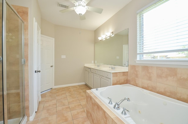 902 Aqua Vista Ln, Rosenberg, TX 77469 - bathroom featuring double vanity, a stall shower, a tub with jets, tile patterned flooring, and ceiling fan