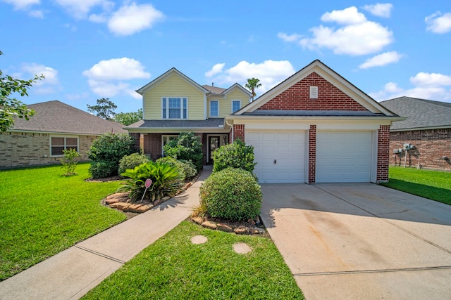 2223 Caroline Park Ln, Spring, TX 77386 - traditional-style home with brick siding, an attached garage, a front yard, and driveway