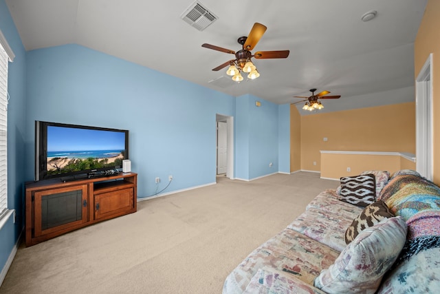 2223 Caroline Park Ln, Spring, TX 77386 - carpeted living area with lofted ceiling, a ceiling fan, baseboards, and healthy amount of natural light