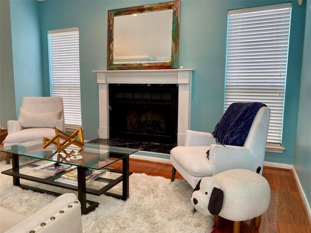 2478 Bering Dr Unit 2478, Houston, TX 77057 - living area with a fireplace, wood finished floors, and baseboards