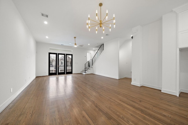 1013 E 28th St, Houston, TX 77009 - unfurnished living room with wood finished floors, a chandelier, baseboards, ceiling fan, and recessed lighting