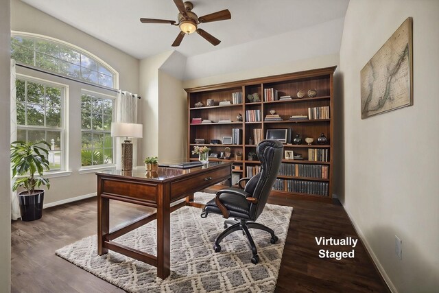122 Jacobs Meadow Dr, Conroe, TX 77384 - office featuring baseboards, a ceiling fan, and wood finished floors