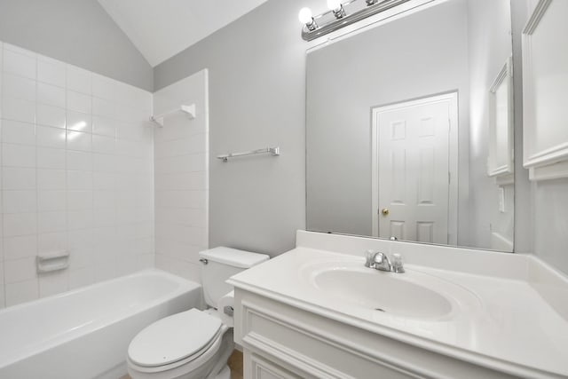 8742 Melting Shadows Ln, Houston, TX 77095 - bathroom with toilet, vanity, lofted ceiling, and shower / bath combination