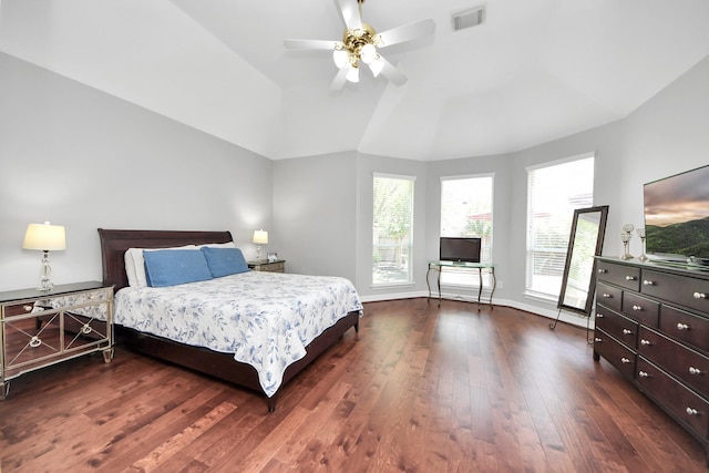 8742 Melting Shadows Ln, Houston, TX 77095 - bedroom featuring dark wood-style floors, lofted ceiling, a ceiling fan, and baseboards
