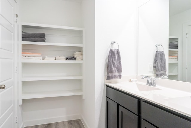 12327 Brandenburg Gate Dr, Houston, TX 77047 - bathroom featuring double vanity, wood finished floors, and baseboards