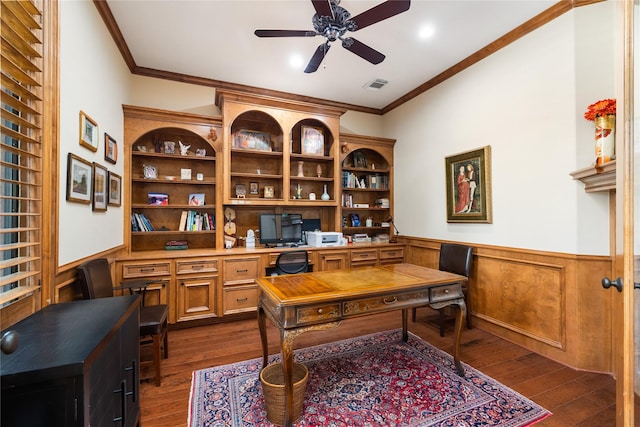 16119 Villa Fontana Way, Houston, TX 77068 - office space with a ceiling fan, dark wood-style flooring, a wainscoted wall, built in study area, and crown molding
