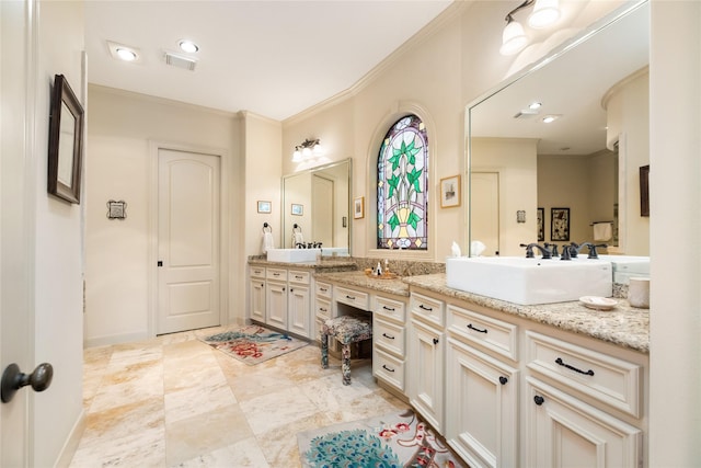 16119 Villa Fontana Way, Houston, TX 77068 - full bathroom featuring double vanity, ornamental molding, and baseboards