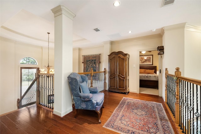 16119 Villa Fontana Way, Houston, TX 77068 - living area with an upstairs landing, wood finished floors, a chandelier, recessed lighting, and crown molding