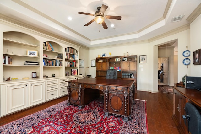 16119 Villa Fontana Way, Houston, TX 77068 - office area featuring a ceiling fan, dark wood-style floors, a tray ceiling, crown molding, and recessed lighting