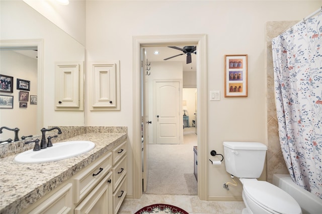 16119 Villa Fontana Way, Houston, TX 77068 - full bathroom with vanity, toilet, a ceiling fan, shower / bath combination with curtain, and baseboards