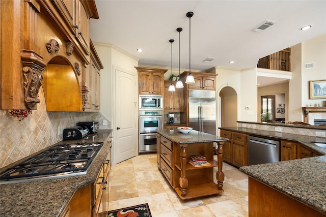 16119 Villa Fontana Way, Houston, TX 77068 - kitchen featuring built in appliances, open shelves, arched walkways, brown cabinets, and tasteful backsplash