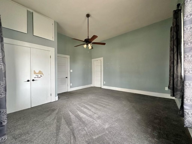 236 8th St, Somerville, TX 77879 - unfurnished bedroom featuring high vaulted ceiling, carpet floors, baseboards, and ceiling fan