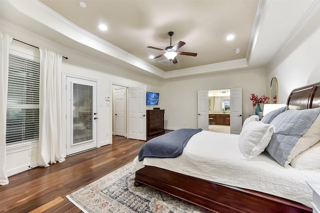 13907 Misty Leaf Ct, Houston, TX 77044 - bedroom with a raised ceiling, crown molding, wood finished floors, recessed lighting, and ceiling fan