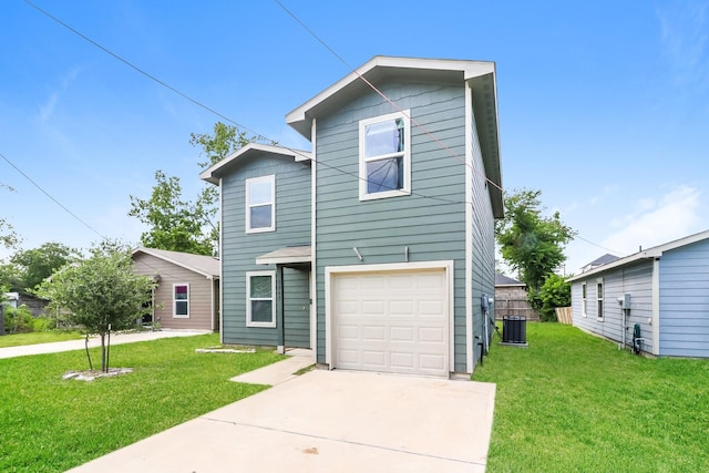 7945 Henson St, Houston, TX 77028 - traditional home featuring central AC unit, driveway, a front lawn, and an attached garage