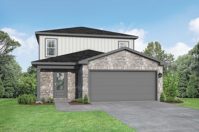 25988 Liberation Rd, Cleveland, TX 77328 - view of front of home featuring stone siding, a front lawn, driveway, and roof with shingles
