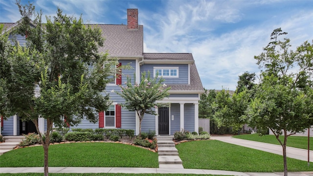 207 Kendrick Pines Blvd, Spring, TX 77389 - view of front of property featuring a front yard, a shingled roof, driveway, and a chimney