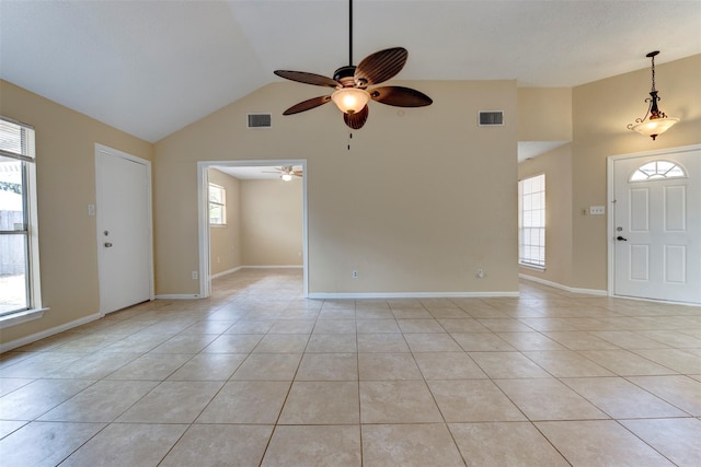 4035 Green Crst, Houston, TX 77082 - foyer with ceiling fan, light tile patterned flooring, high vaulted ceiling, and baseboards