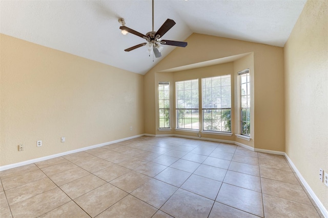 4035 Green Crst, Houston, TX 77082 - spare room featuring ceiling fan, light tile patterned flooring, lofted ceiling, and baseboards