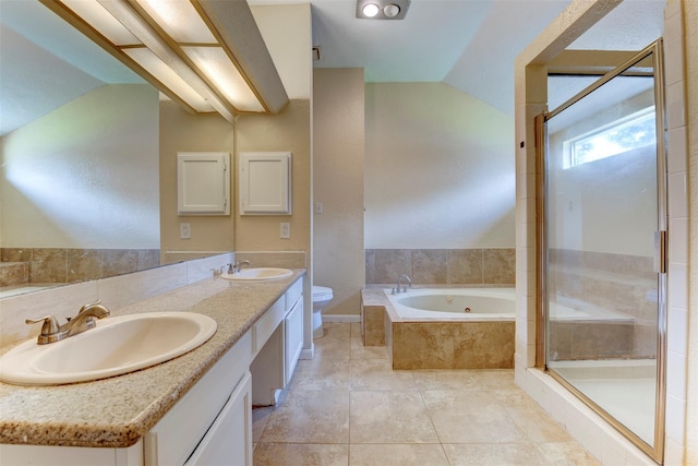 4035 Green Crst, Houston, TX 77082 - full bath with vaulted ceiling, toilet, a whirlpool tub, double vanity, and a stall shower