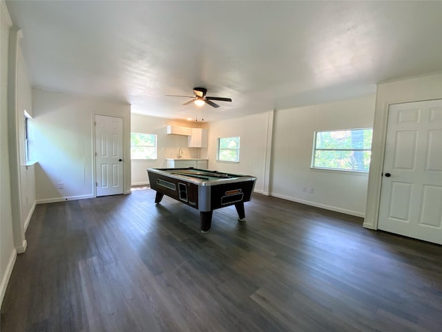 118 Glenview, Livingston, TX 77351 - recreation room with billiards table, baseboards, ceiling fan, dark wood-type flooring, and a sink