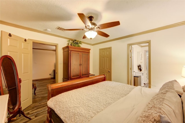 4603 New Orleans St, Houston, TX 77020 - bedroom with dark wood-style flooring, ornamental molding, connected bathroom, and a ceiling fan