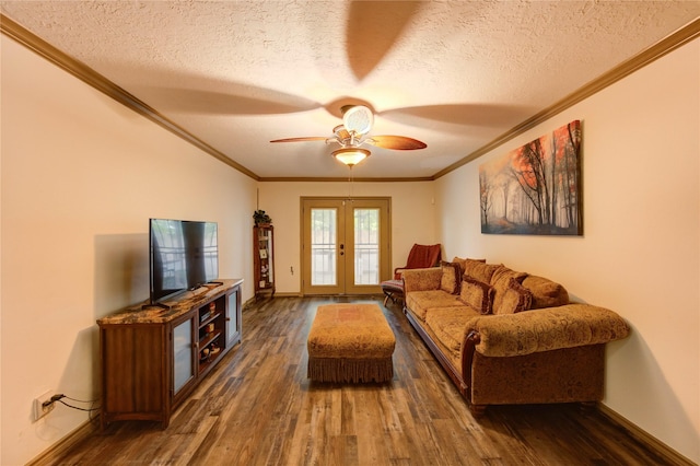 4603 New Orleans St, Houston, TX 77020 - living area with ornamental molding, a ceiling fan, wood finished floors, a textured ceiling, and french doors