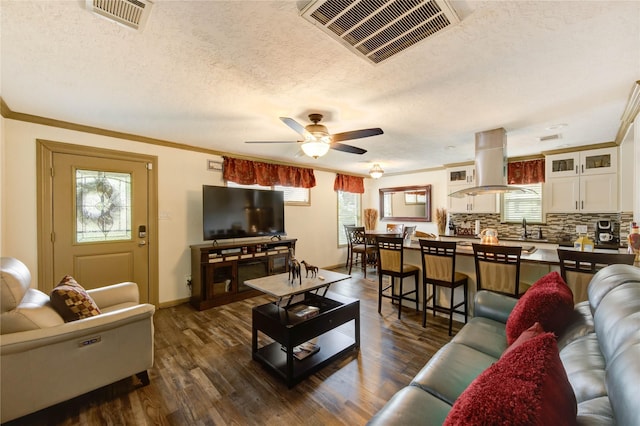 4603 New Orleans St, Houston, TX 77020 - living area featuring crown molding, ceiling fan, dark wood-type flooring, baseboards, and a textured ceiling