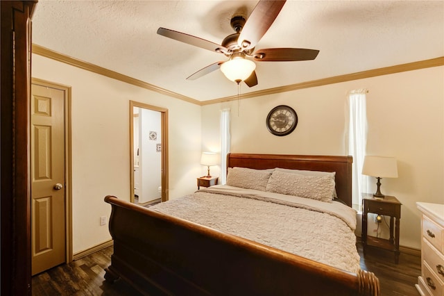 4603 New Orleans St, Houston, TX 77020 - bedroom featuring dark wood finished floors, ornamental molding, baseboards, a ceiling fan, and a textured ceiling
