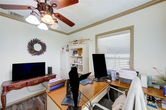 4603 New Orleans St, Houston, TX 77020 - home office featuring crown molding, wood finished floors, and ceiling fan