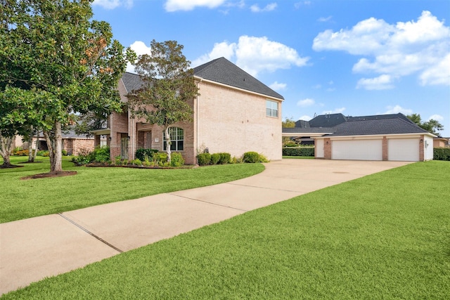3505 Parkside Dr, Pearland, TX 77584 - view of property exterior featuring driveway, a garage, a yard, stucco siding, and brick siding