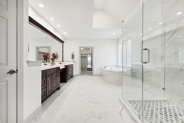 3505 Parkside Dr, Pearland, TX 77584 - bathroom with vanity, a garden tub, marble tiled floors, recessed lighting, and a marble finish shower