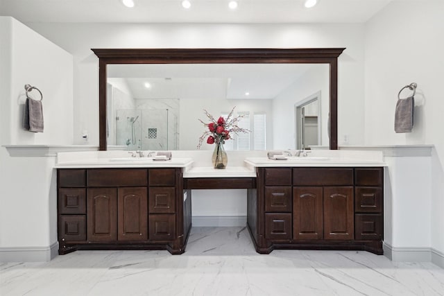 3505 Parkside Dr, Pearland, TX 77584 - bathroom with marble finish floors, a marble finish shower, vanity, recessed lighting, and baseboards